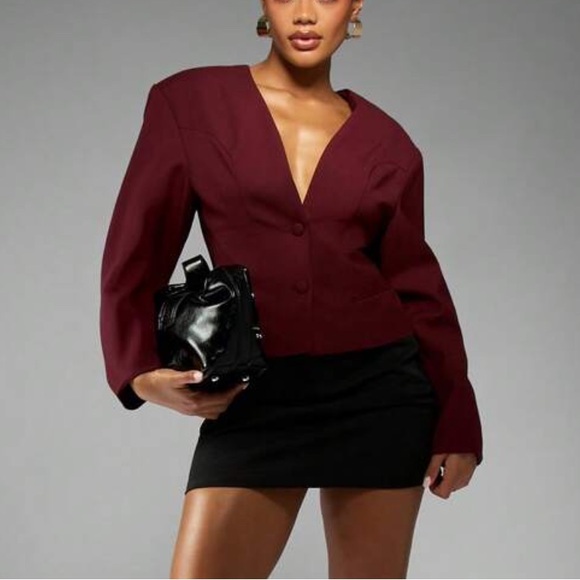 Jackets & Blazers - V neck burgundy maroon button front collarless blazer cardigan puff sleeve